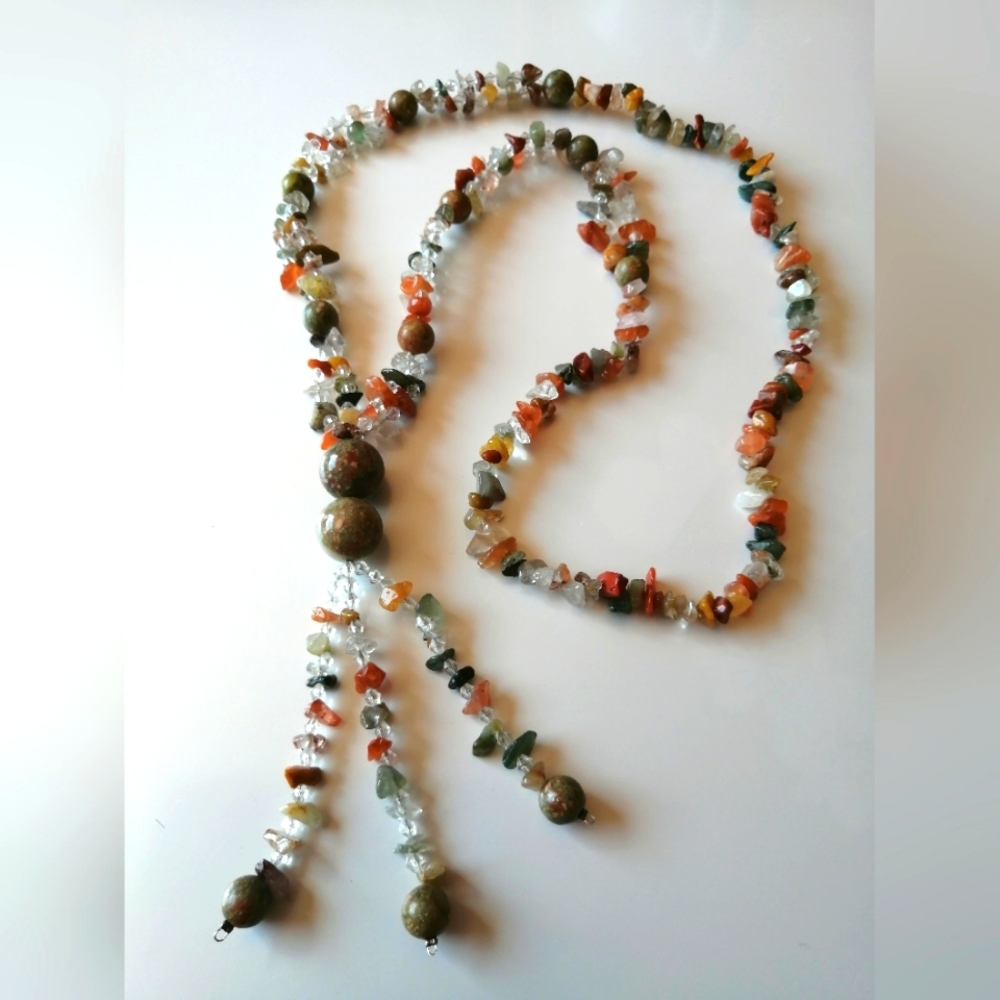 Artisan Semi-precious Bohemian Necklace Multi-Agate Chip Tassel